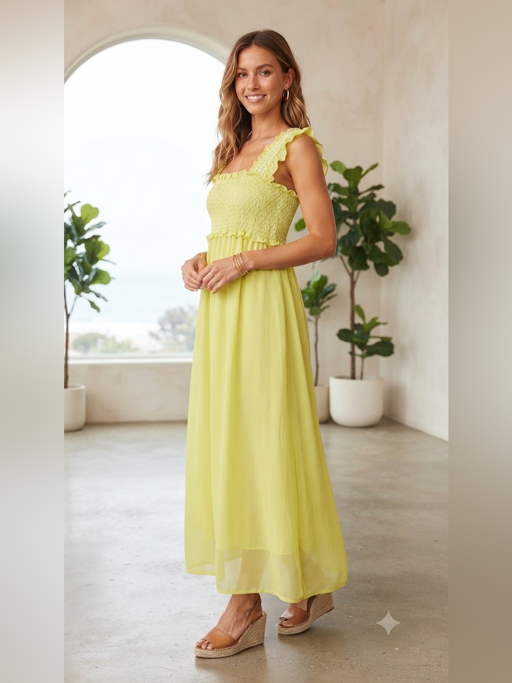 Destination Maternity Lemon/Lime Ruffle Strap Maxi Dress